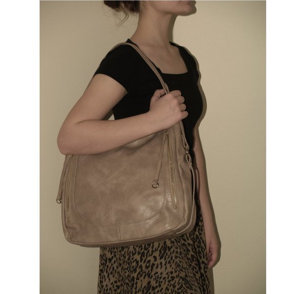 Madison West Large Vegan Leather Shoulder Tote Bag - Tan - Picture 1 of 10